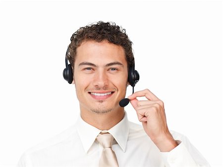 simsearch:400-05145011,k - Charismatic latin businessman using headset isolated on a white background Stock Photo - Budget Royalty-Free & Subscription, Code: 400-04691272