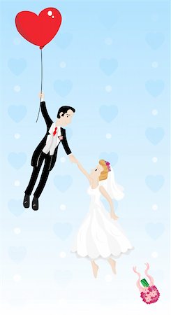 simsearch:400-04121488,k - Just married couple flying with a heart shaped balloon. Highly detailed vector image. Foto de stock - Super Valor sin royalties y Suscripción, Código: 400-04693584