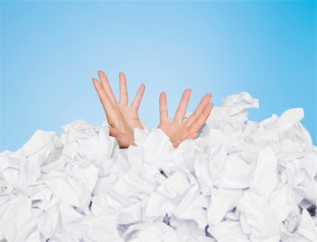 Human buried in white papers on blue background Stock Photo - Budget Royalty-Free & Subscription, Code: 400-04693785