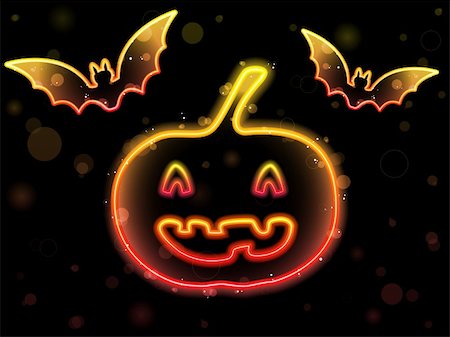 Vector - Halloween Neon Background with Pumpkin and Bats Stock Photo - Budget Royalty-Free & Subscription, Code: 400-04705671