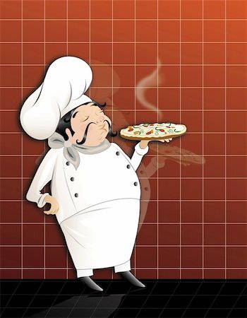 simsearch:400-07257578,k - Illustration of cute chef serving hot and delicious pizza Foto de stock - Super Valor sin royalties y Suscripción, Código: 400-04706069
