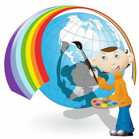 Vector drawing artist paints rainbow on globe Stock Photo - Budget Royalty-Free & Subscription, Code: 400-04707062
