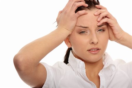 simsearch:400-04918265,k - Businesswoman with a big headache (isolated on with with copy space) Stock Photo - Budget Royalty-Free & Subscription, Code: 400-04708081