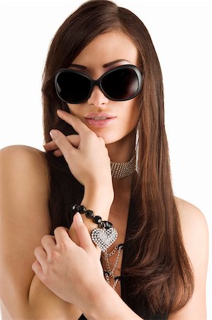 closeup portrait of pretty brunette with long dark hair sunglasses and jewellery Stock Photo - Budget Royalty-Free & Subscription, Code: 400-04700328