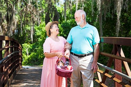 simsearch:400-04208630,k - Senior couple strolling across a bridge with their picnic basket. Stock Photo - Budget Royalty-Free & Subscription, Code: 400-04702185