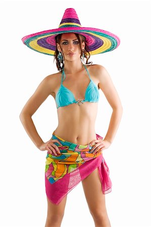 simsearch:400-05755679,k - summer portrait of a cute girl wearing a bikini colored scarf and a big colorful hat like a sombrero Stock Photo - Budget Royalty-Free & Subscription, Code: 400-04702739