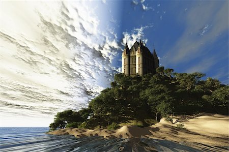 famous fairytale illustrations - A beautiful castle sits majestically on a hill overlooking the ocean. Stock Photo - Budget Royalty-Free & Subscription, Code: 400-04703177