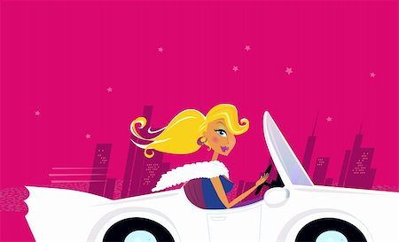 Cute vintage style girl driving a white luxorious convertible car against a night town sillhouete.Lifestyle vector Illustration. Stock Photo - Budget Royalty-Free & Subscription, Code: 400-04717852