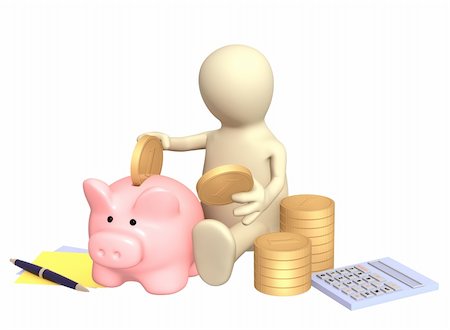 simsearch:400-05730304,k - Puppet, piggy bank and calculator. Isolated over white Stock Photo - Budget Royalty-Free & Subscription, Code: 400-04718922
