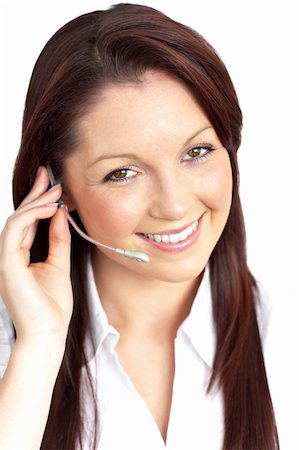 simsearch:400-05287143,k - Smiling young businesswoman wearing headphones against a white background Stock Photo - Budget Royalty-Free & Subscription, Code: 400-04719964