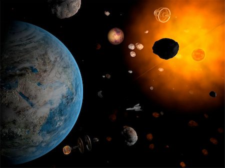 simsearch:400-04265415,k - Red sun with asteroid field with planet as Earth in hell system Stock Photo - Budget Royalty-Free & Subscription, Code: 400-04711600