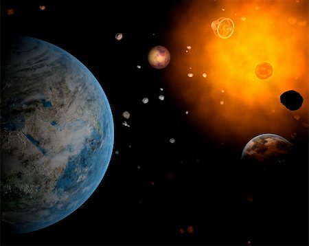 simsearch:400-04265415,k - Red sun with asteroid field with planet as Earth in hell system Stock Photo - Budget Royalty-Free & Subscription, Code: 400-04711601