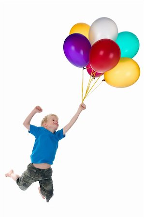 Little boy flying behind a bunch of balloons, isolated on a white background. Stock Photo - Budget Royalty-Free & Subscription, Code: 400-04713053