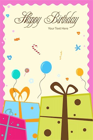 illustration of birthday card with gift boxes,balloons and happy birthday text Stock Photo - Budget Royalty-Free & Subscription, Code: 400-04735860
