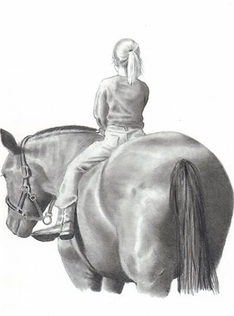 My freehand pencil drawing of a little blond girl sitting atop a large horse, seen from the rear. Foto de stock - Super Valor sin royalties y Suscripción, Código: 400-04739143