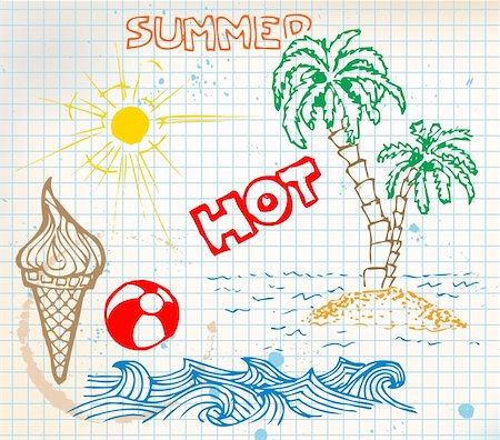 Summer doodle elements - sun, ocean, palm trees, ice cream, ball Stock Photo - Budget Royalty-Free & Subscription, Code: 400-04730013