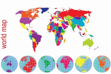 simsearch:400-04144101,k - World map in bright tones with Earth globes Stock Photo - Budget Royalty-Free & Subscription, Code: 400-04731251
