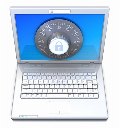 firewall white guard - 3d illustration of laptop computer with combination dial, information protection concept Stock Photo - Budget Royalty-Free & Subscription, Code: 400-04732124