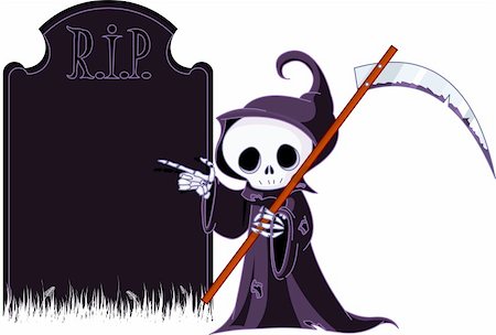 simsearch:400-03971352,k - Cute cartoon grim reaper with scythe  pointing to tombstone. Isolated on white Foto de stock - Super Valor sin royalties y Suscripción, Código: 400-04732843