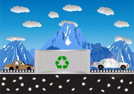 Abstract vector illustration of a car recycling process with mountains in background Stock Photo - Budget Royalty-Free & Subscription, Code: 400-04733547