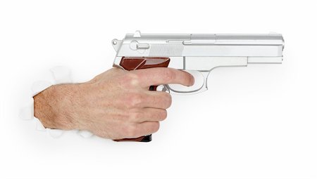 Man's hand holding a large silver handgun isolated on white background Photographie de stock - Aubaine LD & Abonnement, Code: 400-04748542