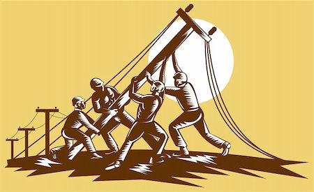 simsearch:400-08629141,k - illustration of a Team of linemen raising up electricity post done in reteo woodcut style. Stock Photo - Budget Royalty-Free & Subscription, Code: 400-04749489