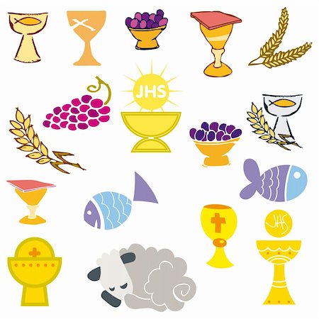 Set of Illustration of a communion depicting traditional Christian symbols including candle (light), chalice, grapes (wine), ear, cross and bread Stock Photo - Budget Royalty-Free & Subscription, Code: 400-04743909