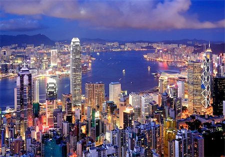simsearch:400-07634376,k - Hong Kong cityscape at night Foto de stock - Super Valor sin royalties y Suscripción, Código: 400-04756279