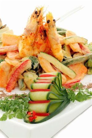 simsearch:400-06079651,k - Japanese fried tempura with shrimp and vegetables with parsley garnish. Stock Photo - Budget Royalty-Free & Subscription, Code: 400-04766873