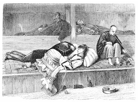 simsearch:400-05676936,k - Opium Den in San Francisco. Illustration originally published in Hesse-Wartegg's "Nord Amerika", swedish edition published in 1880. The image is currently in public domain by the virtue of age. Stock Photo - Budget Royalty-Free & Subscription, Code: 400-04767083
