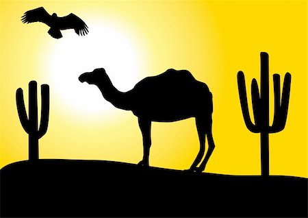 desert beautiful pic cactus - vector illustration of desert with camel, eagle and cacti Stock Photo - Budget Royalty-Free & Subscription, Code: 400-04760193