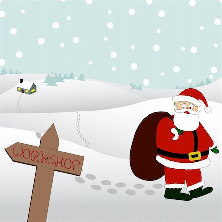 Santa Clause walks away from his workshop with a bag full of gifts Stock Photo - Budget Royalty-Free & Subscription, Code: 400-04770468