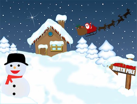 star silhouette background - Santa's house at North Pole with snowman and his sleigh ,vector illustration Stock Photo - Budget Royalty-Free & Subscription, Code: 400-04772378