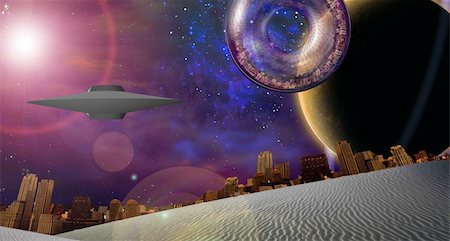 future of the desert - Large interstellar city ship near ringed planet Stock Photo - Budget Royalty-Free & Subscription, Code: 400-04785491