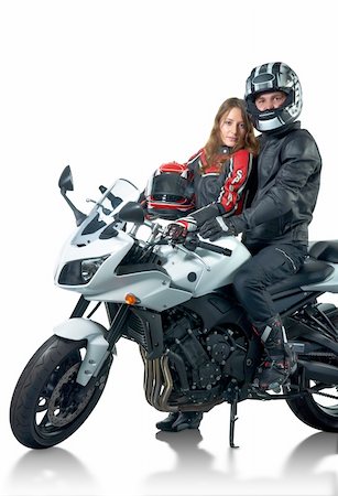 Bikers couple in leather jackets with modern white motorcycle. Isolated on white. Stock Photo - Budget Royalty-Free & Subscription, Code: 400-04785595