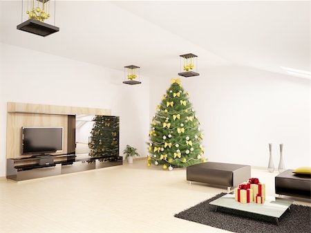 Christmas fir tree with decorations in modern living room interior 3d render Stock Photo - Budget Royalty-Free & Subscription, Code: 400-04785779