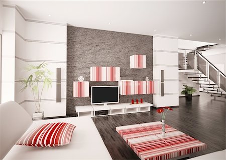 Modern living room with LCD interior 3d render Stock Photo - Budget Royalty-Free & Subscription, Code: 400-04787644