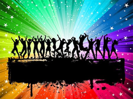 simsearch:400-04389591,k - Silhouette of a huge group of people dancing on a grunge starburst background Stock Photo - Budget Royalty-Free & Subscription, Code: 400-04788642