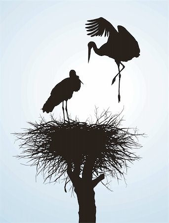 stork vector - Black vector silhouettes of two storks to nest Stock Photo - Budget Royalty-Free & Subscription, Code: 400-04783130
