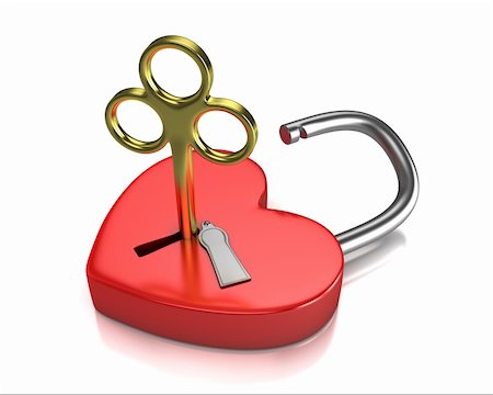 Opened red lock formed as heart with a golden key in a keyhole isolated on white background Stock Photo - Budget Royalty-Free & Subscription, Code: 400-04794790