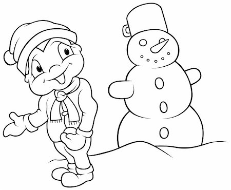 simsearch:400-04804131,k - Boy and Snowman - Black and White Cartoon illustration, Vector Photographie de stock - Aubaine LD & Abonnement, Code: 400-04795190