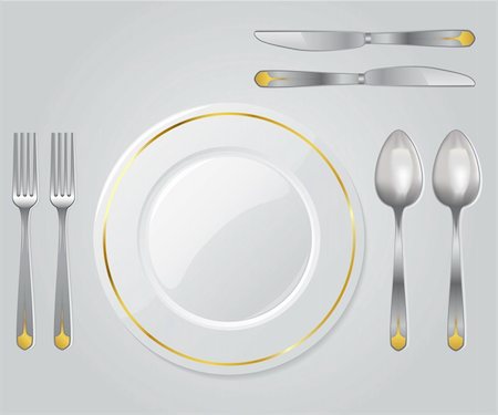 setting kitchen table - Empty Plate on Gray Background, Two Spoon, Two Knife, Two Fork White Plate with Gold Border Design Stock Photo - Budget Royalty-Free & Subscription, Code: 400-04796520