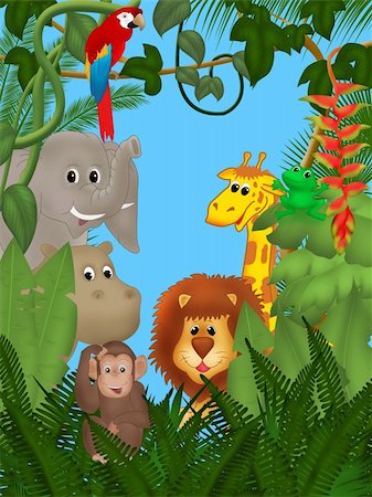 Illustration of cute animals among jungle plants Stock Photo - Budget Royalty-Free & Subscription, Code: 400-04790889