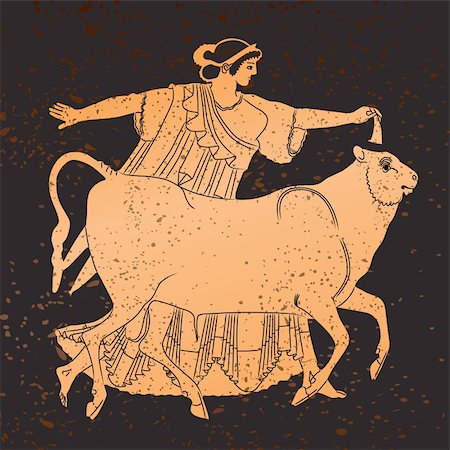 drawing of human archery - Greece mural painting,  Woman and Bull. Editable vector image Stock Photo - Budget Royalty-Free & Subscription, Code: 400-04791049