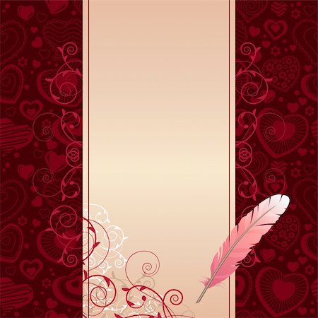 Pink feather and beige scroll on dark background with hearts Stock Photo - Budget Royalty-Free & Subscription, Code: 400-04805024