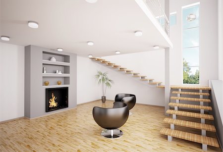 Modern interior of living room with fireplace and staircase 3d render Stock Photo - Budget Royalty-Free & Subscription, Code: 400-04800120