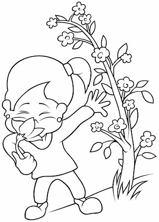 simsearch:400-04804131,k - Girl with Flower - Black and White Cartoon illustration, Vector Photographie de stock - Aubaine LD & Abonnement, Code: 400-04800182