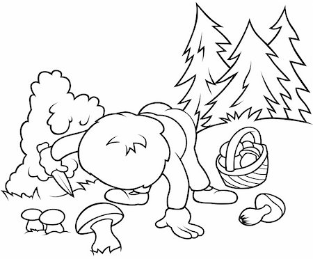 simsearch:400-04804131,k - Boy Picking Mushrooms - Black and White Cartoon illustration, Vector Photographie de stock - Aubaine LD & Abonnement, Code: 400-04802110