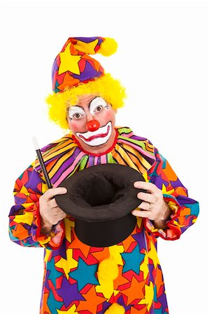 simsearch:700-01185219,k - Sad birthday clown lost his bunny in the magic top hat.  Isolated. Stock Photo - Budget Royalty-Free & Subscription, Code: 400-04802457