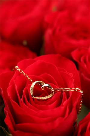 Gold necklace with heart on red rose. Shallow dof Photographie de stock - Aubaine LD & Abonnement, Code: 400-04803141